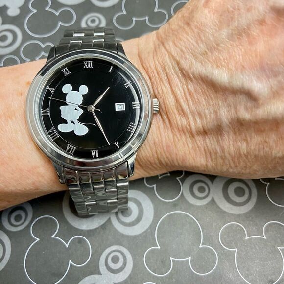 Disney Time Works All Stainless Steel Mickey Mouse Silhouette Dial Unisex Watch - Picture 7 of 14